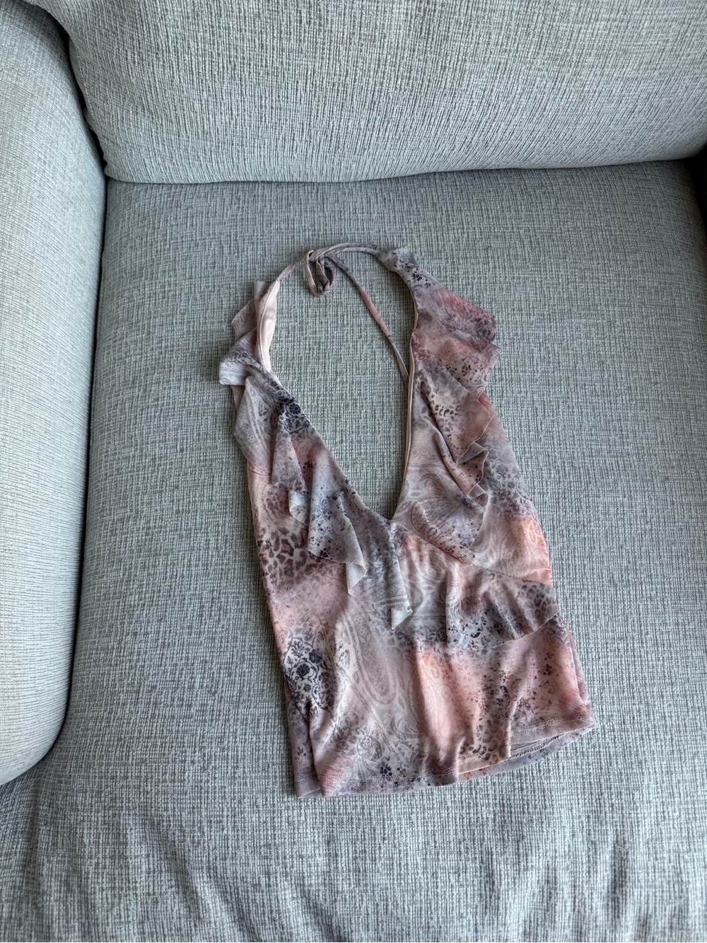silence + noise Y2K Blush and Gray Ruffle Halter crop top